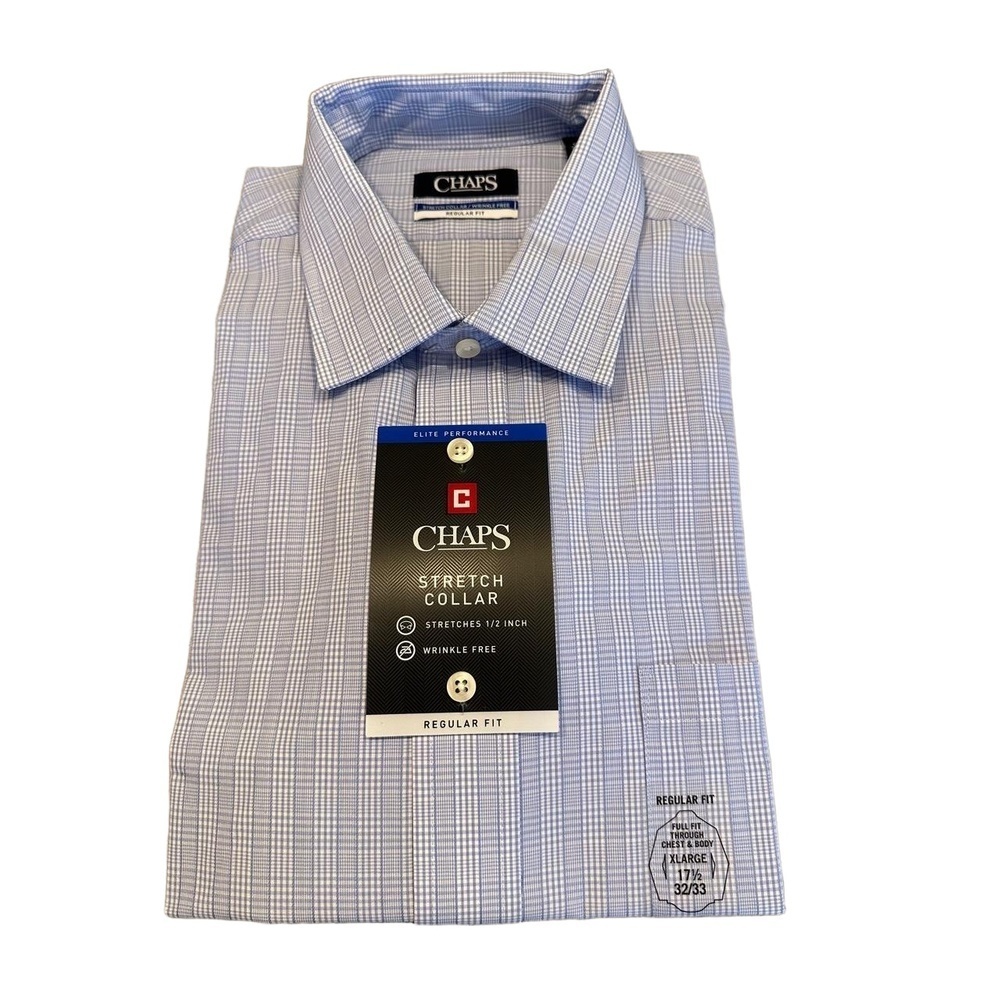 Chaps Light Blue Plaid Stretch Collar Dress Shirt